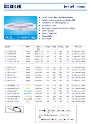 KL-FE60-T0-9W-SLK, Silikonlu, Şerit led, 4000K, Naturel Beyaz, 60 led, DIŞ, 12V, 9W, Koled Şerit